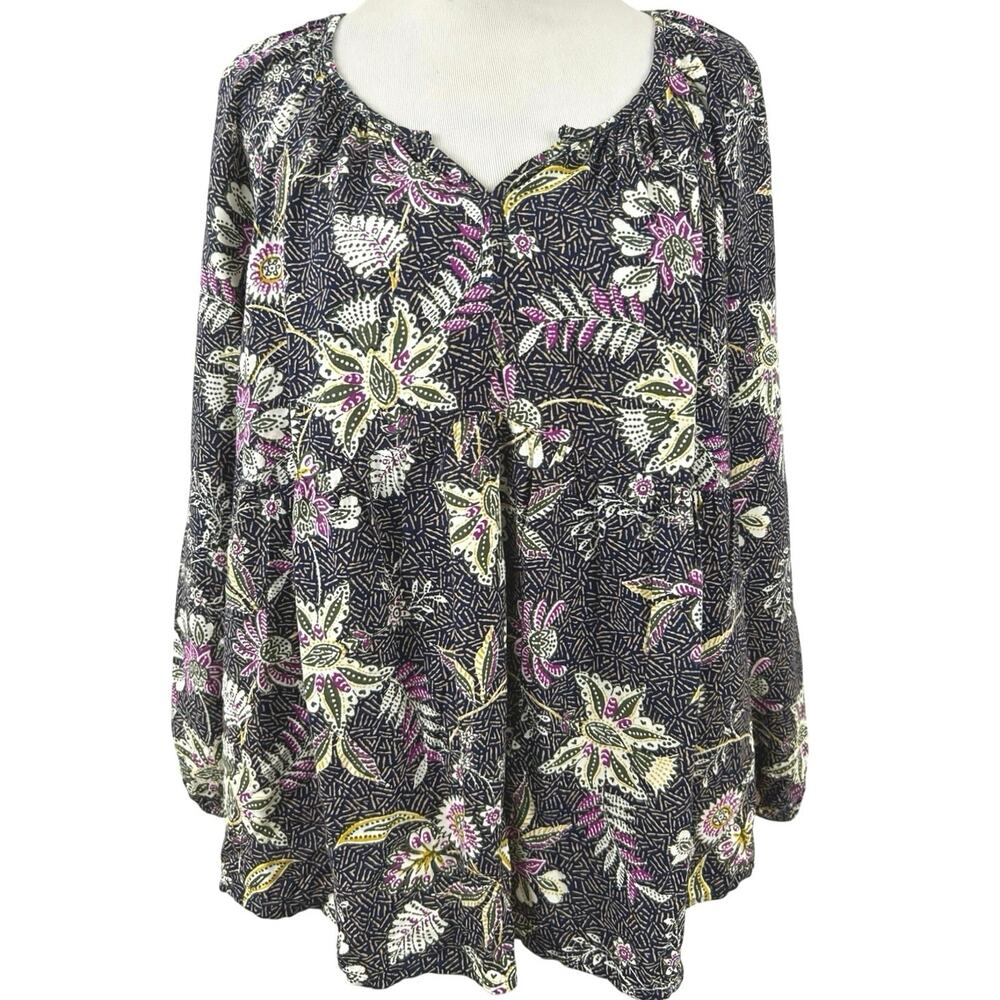 Old Navy Floral Boho Peasant Top Large Purple Long Sleeve Tunic Blouse